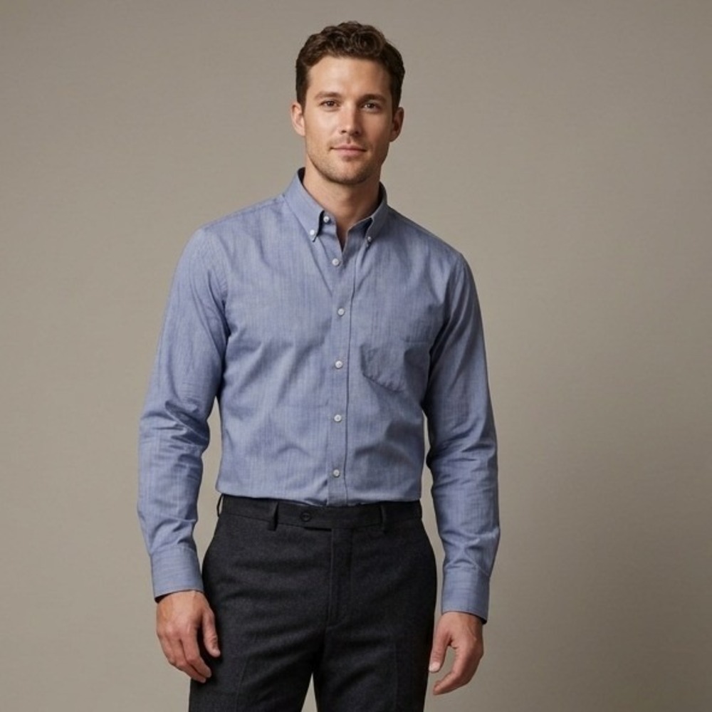 WOOL & PRINCE Mens Button Down Shirt L Blue 100% Wool quiet luxury